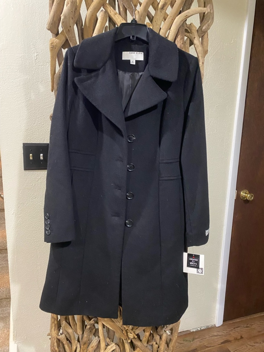 Anne Klein Black Wool-Blend Single-Breasted Coat